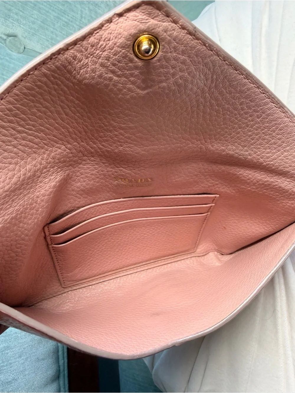 Prada Rose Pink Pebbled Leather Envelope Clutch with Gold Logo